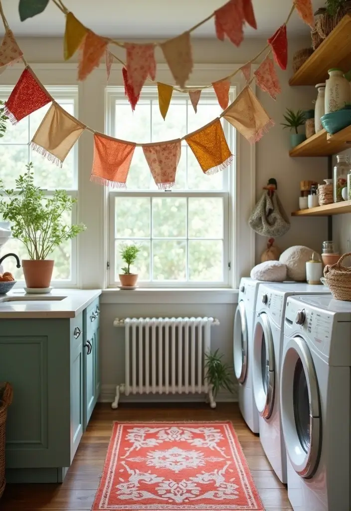 fabric triangle banner hanging above dryer