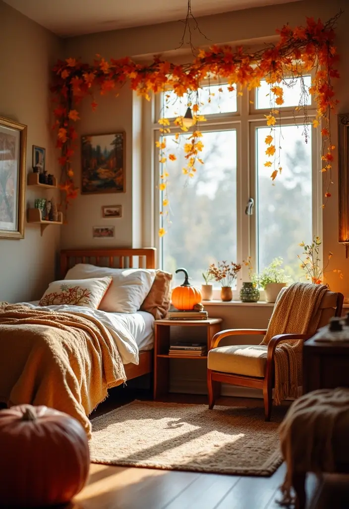 fall-themed dorm with pumpkins, leaves, and cozy blankets