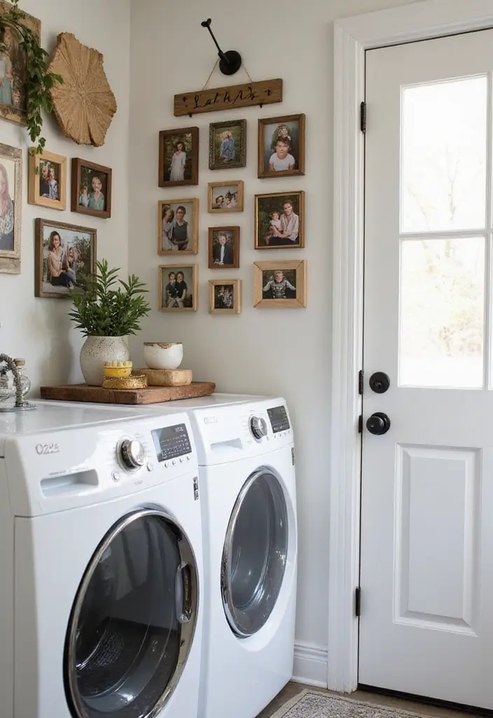 family photos in wooden frames on laundry room shelf