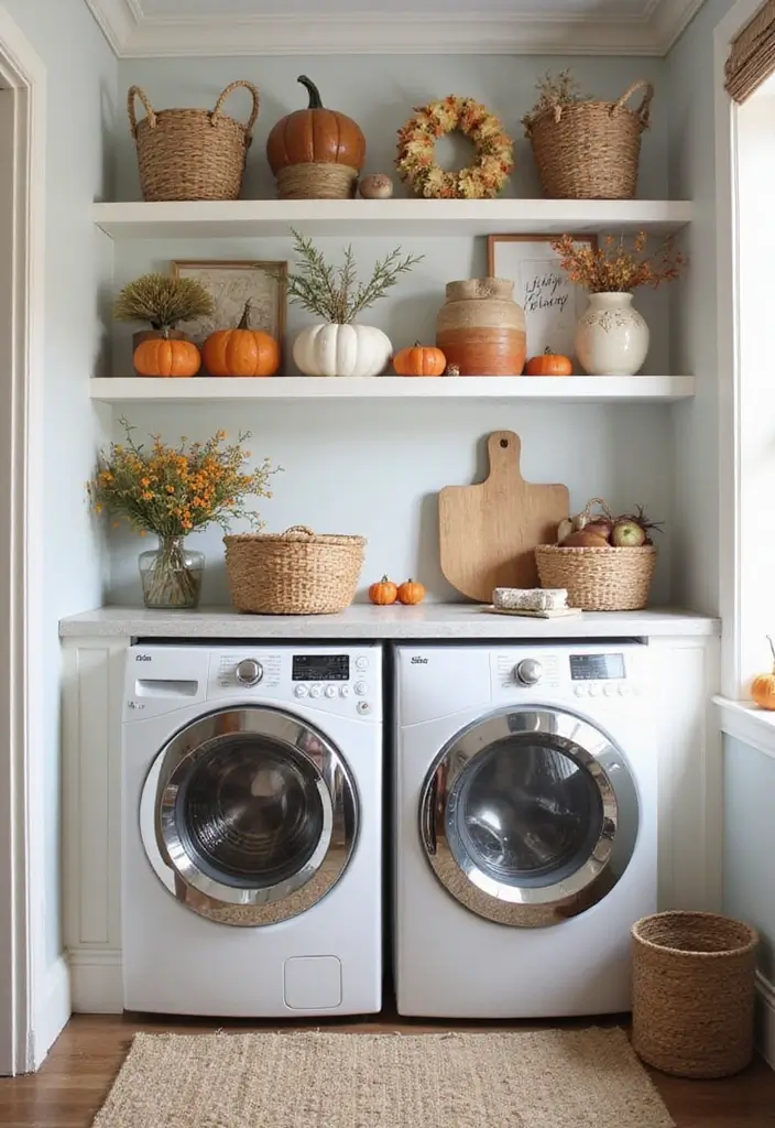 farmhouse laundry room decorated with seasonal flowers and textiles