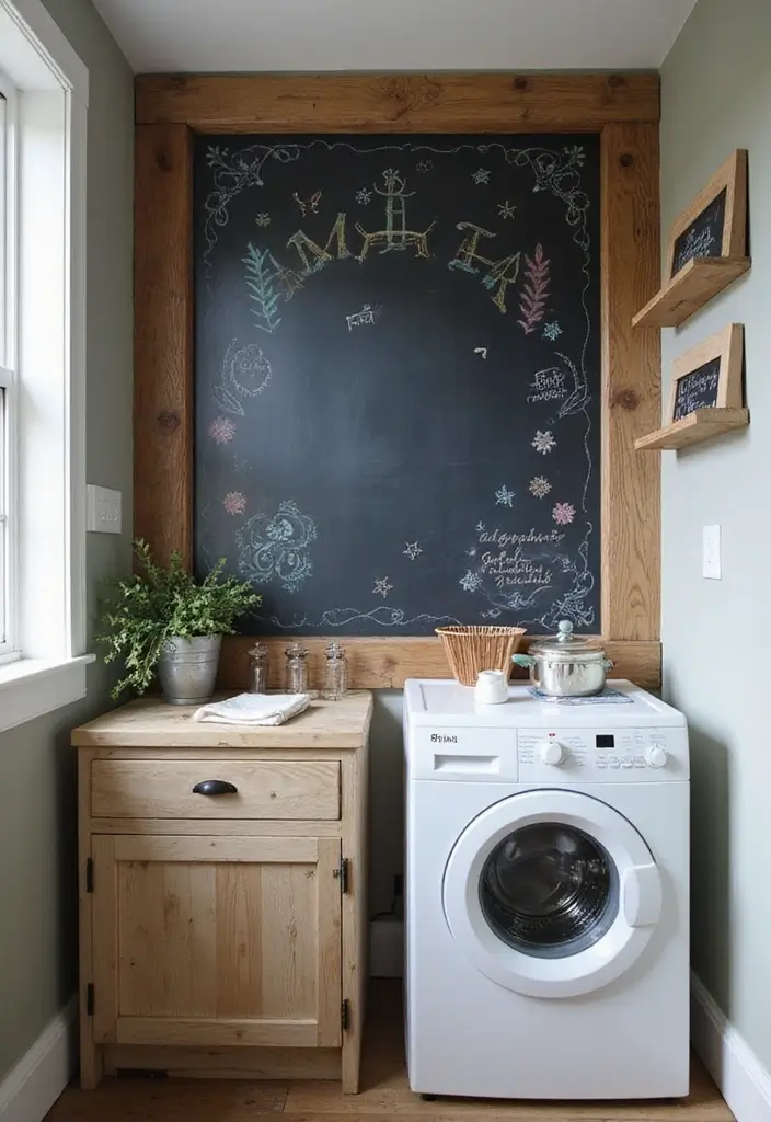 farmhouse laundry room with large chalkboard wall and wooden frame