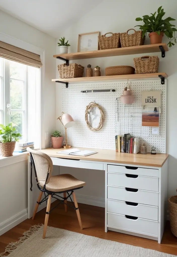 floating shelves with books, plants, and decorative boxes in dorm