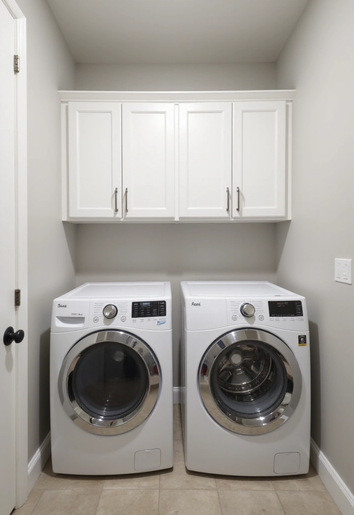 floating white cabinets above washer dryer with open lower shelf