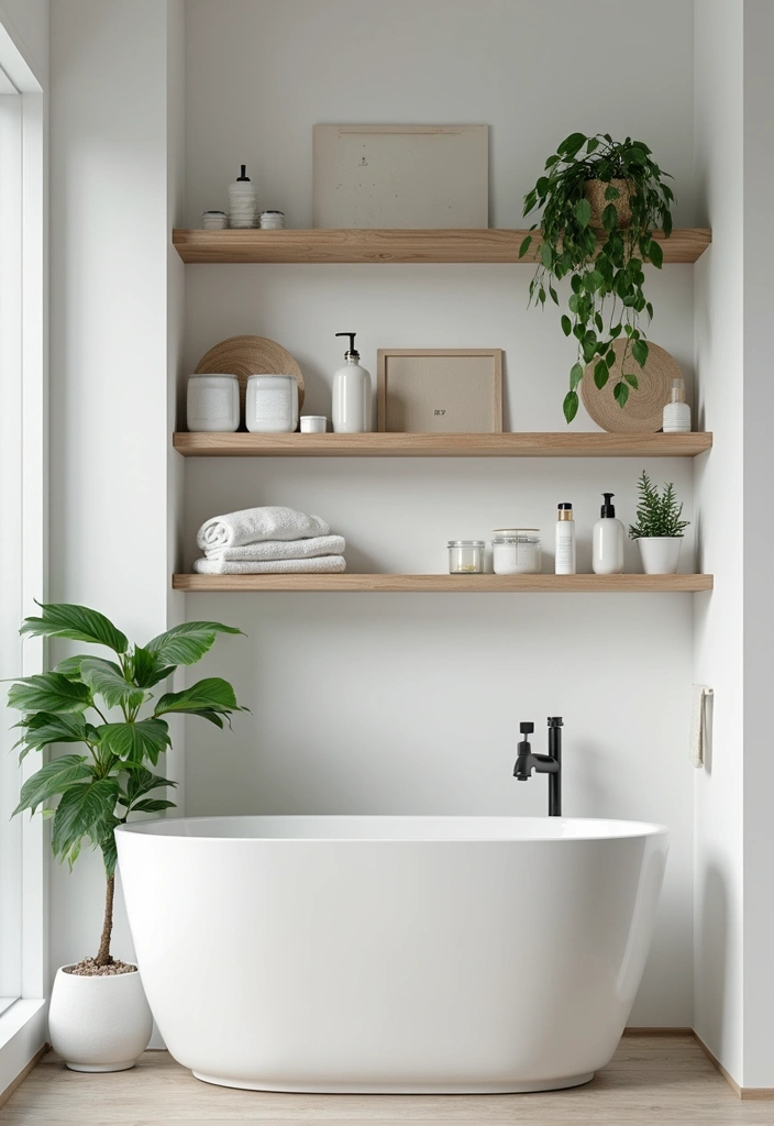 floating wood shelves with neatly folded towels and baskets