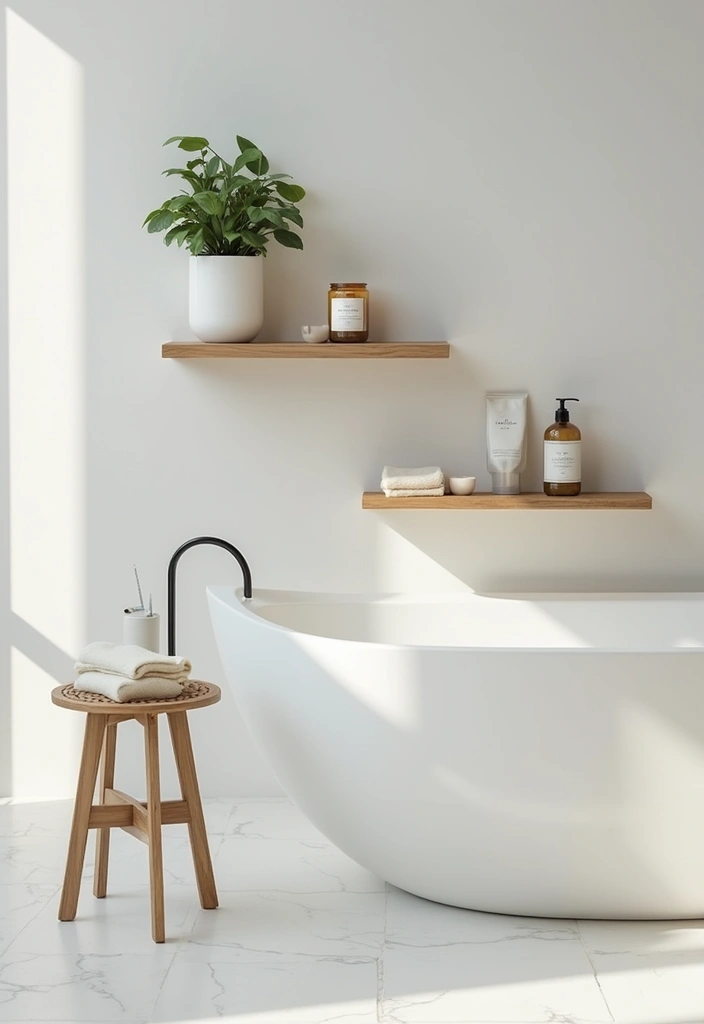 floating wooden shelves displaying towels, plants, and simple bathroom items