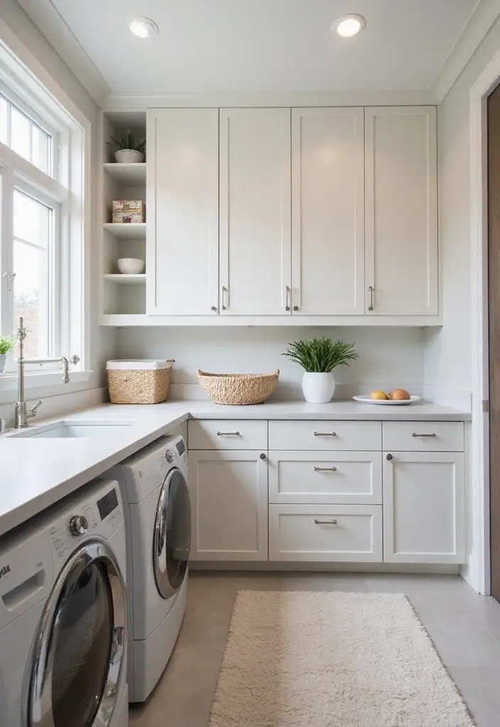 floor-to-ceiling custom wood cabinets with bench seat in cozy laundry room