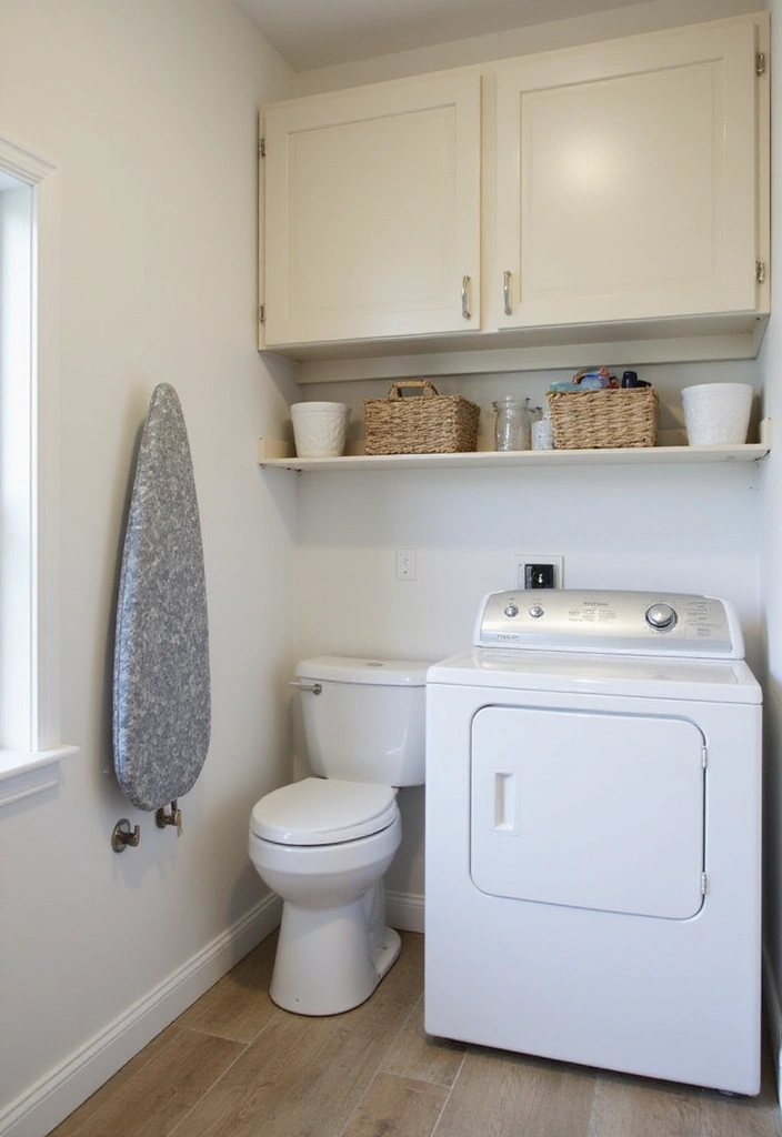 fold-away ironing board tucked neatly into cabinet door