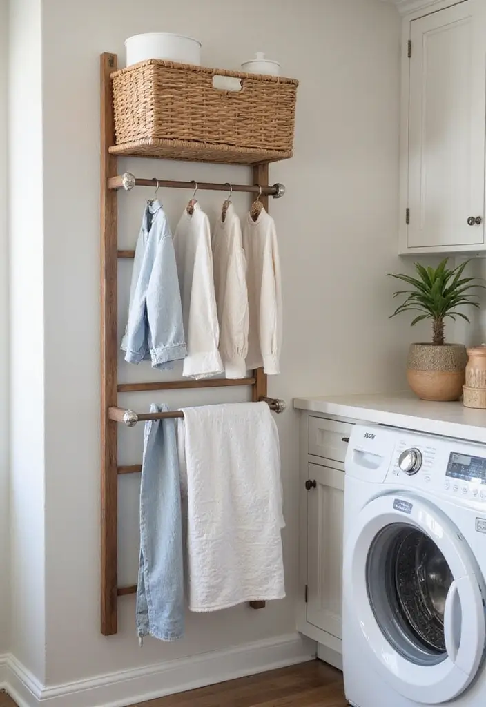 foldable wooden wall-mounted drying rack in farmhouse laundry room