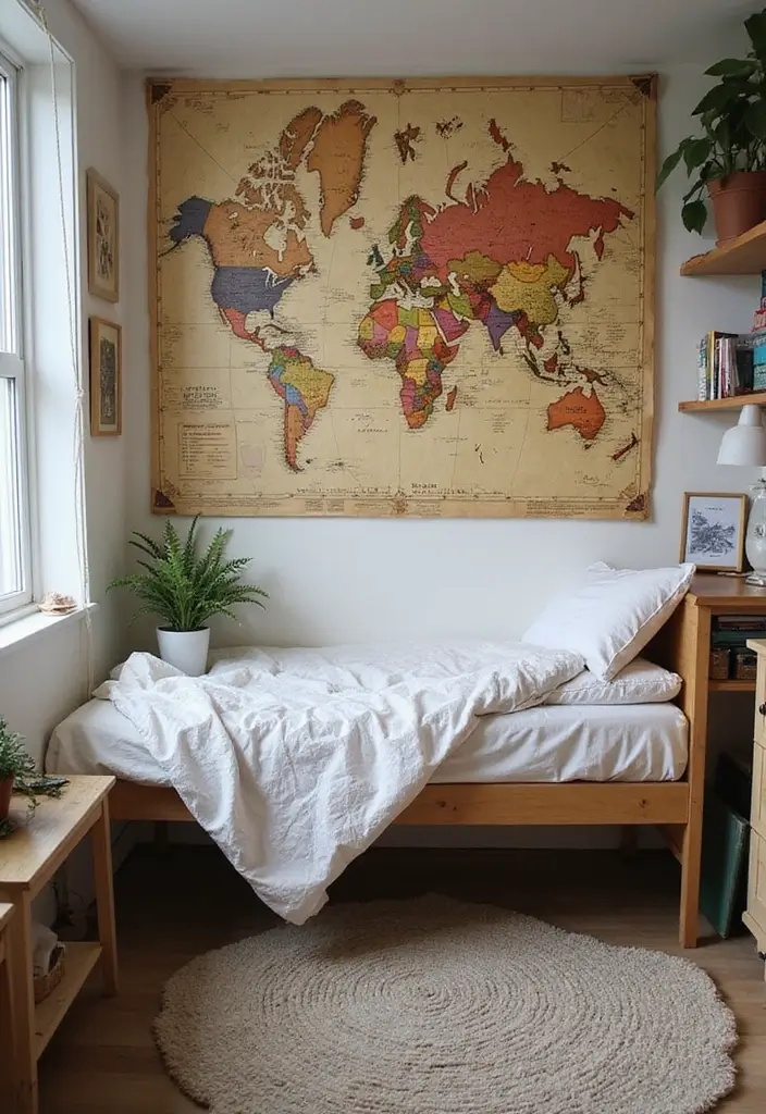 framed vintage world map with pins on wall