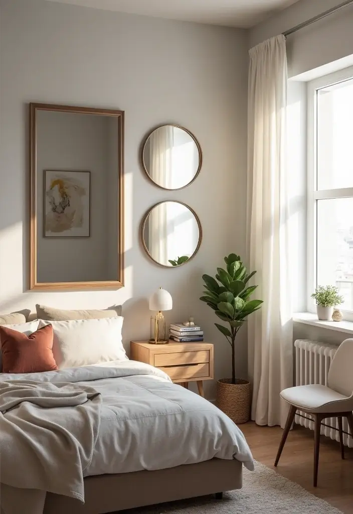 full-length mirror leaning against wall reflecting light