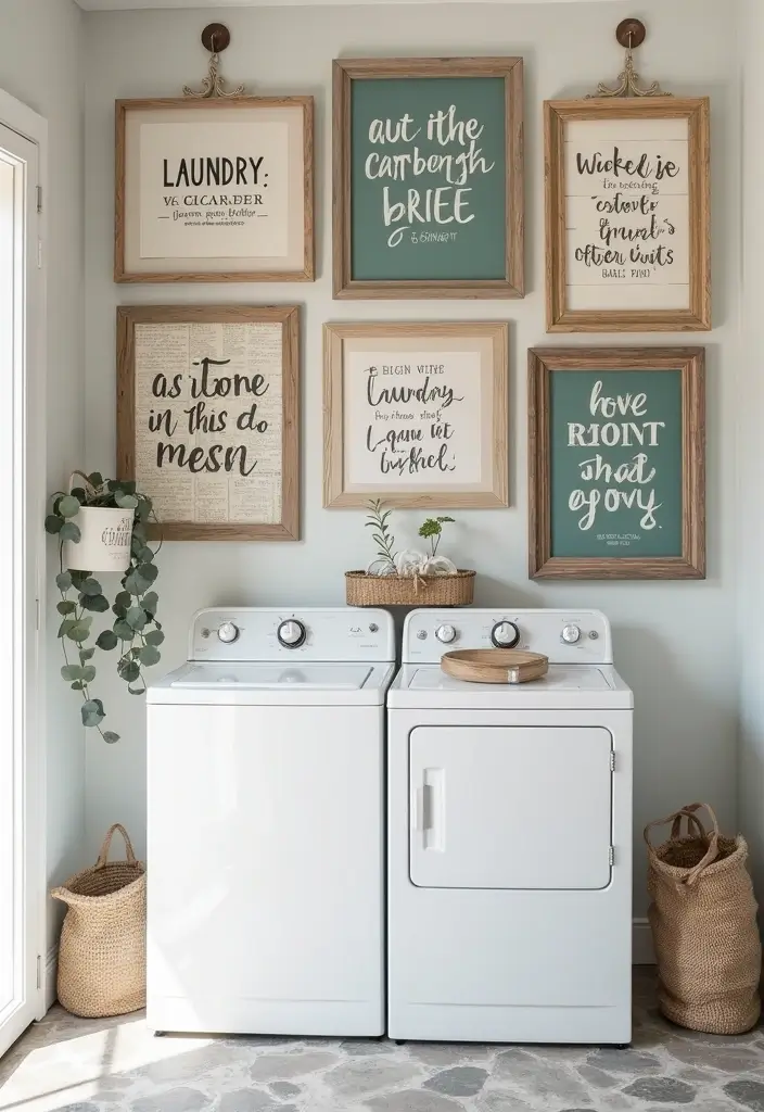 gallery wall of thrifted frames with laundry quotes