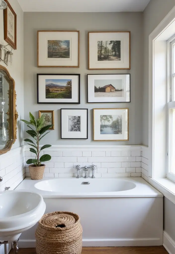 gallery wall with framed prints above toilet