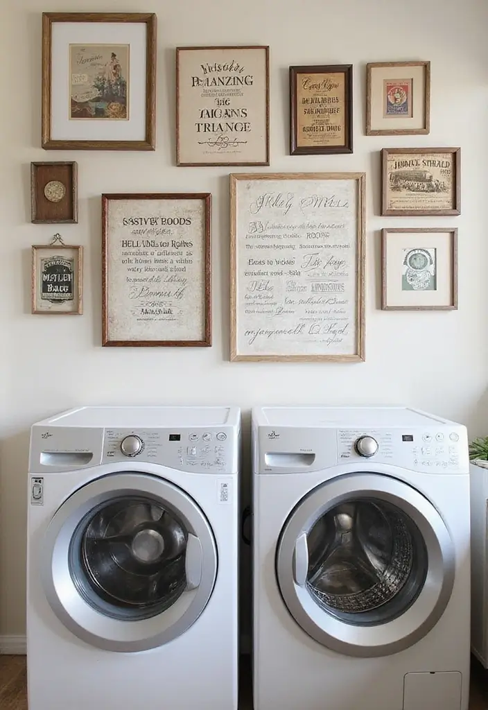 gallery wall with vintage laundry signs and framed prints