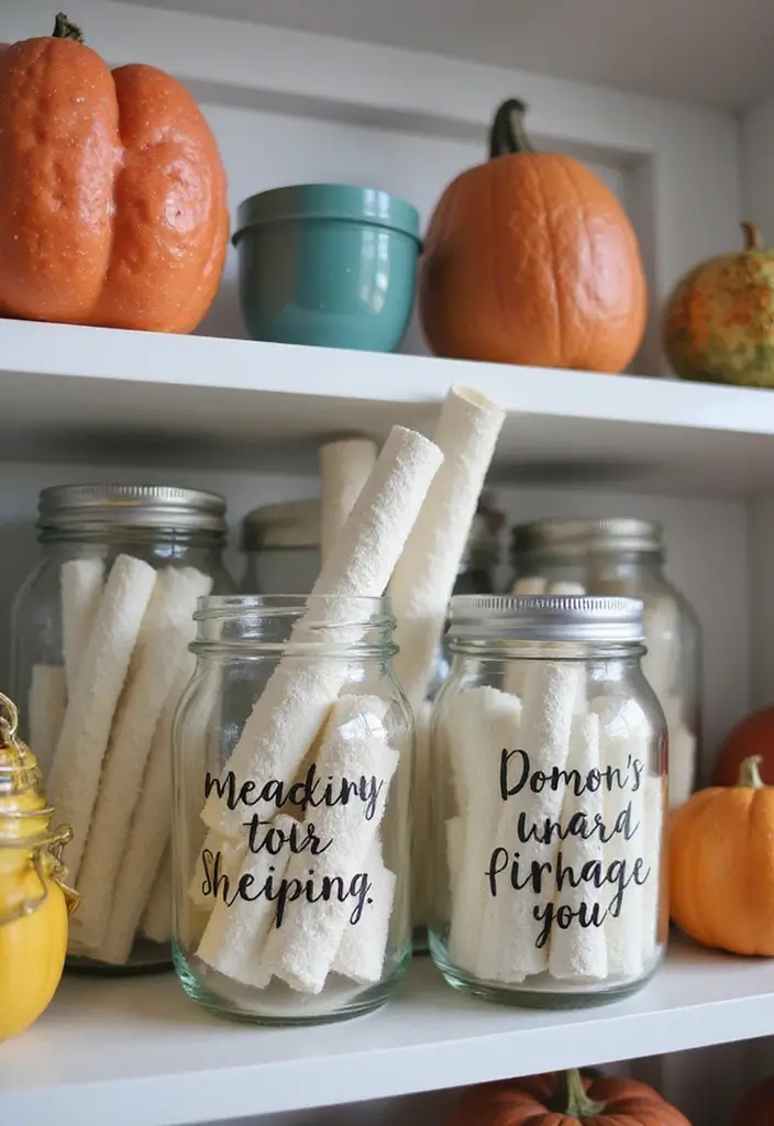 glass jars on shelf with rolled laundry quotes