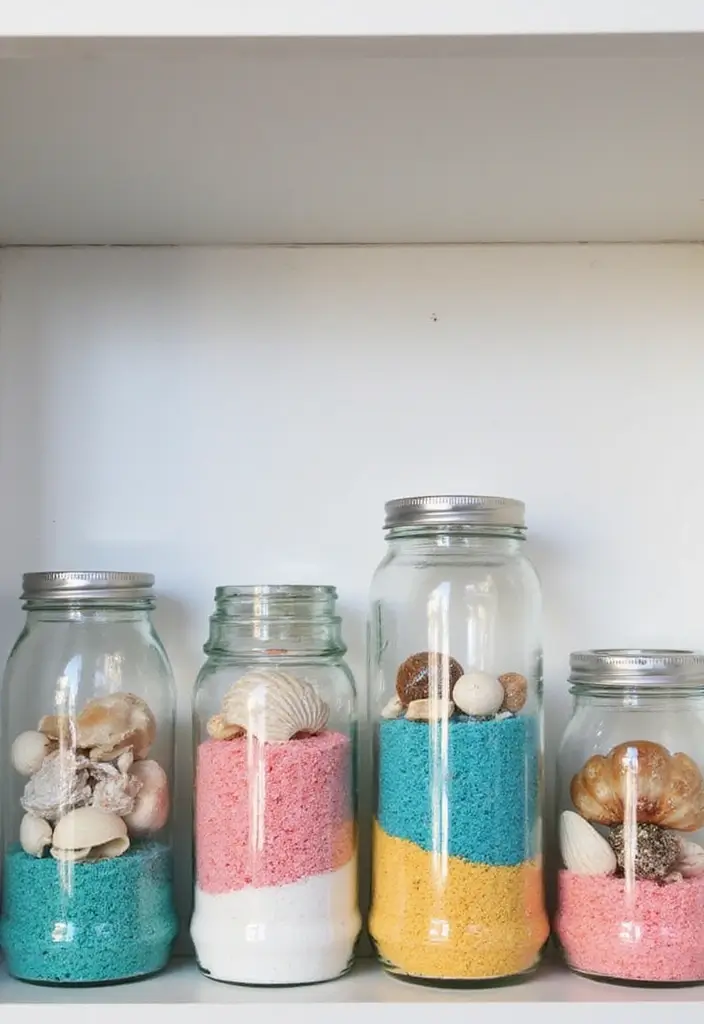 glass jars with sand shells and lights