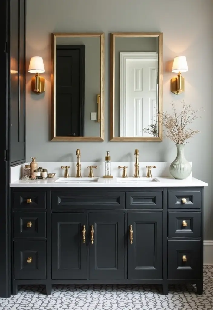gold hardware on black bathroom cabinets