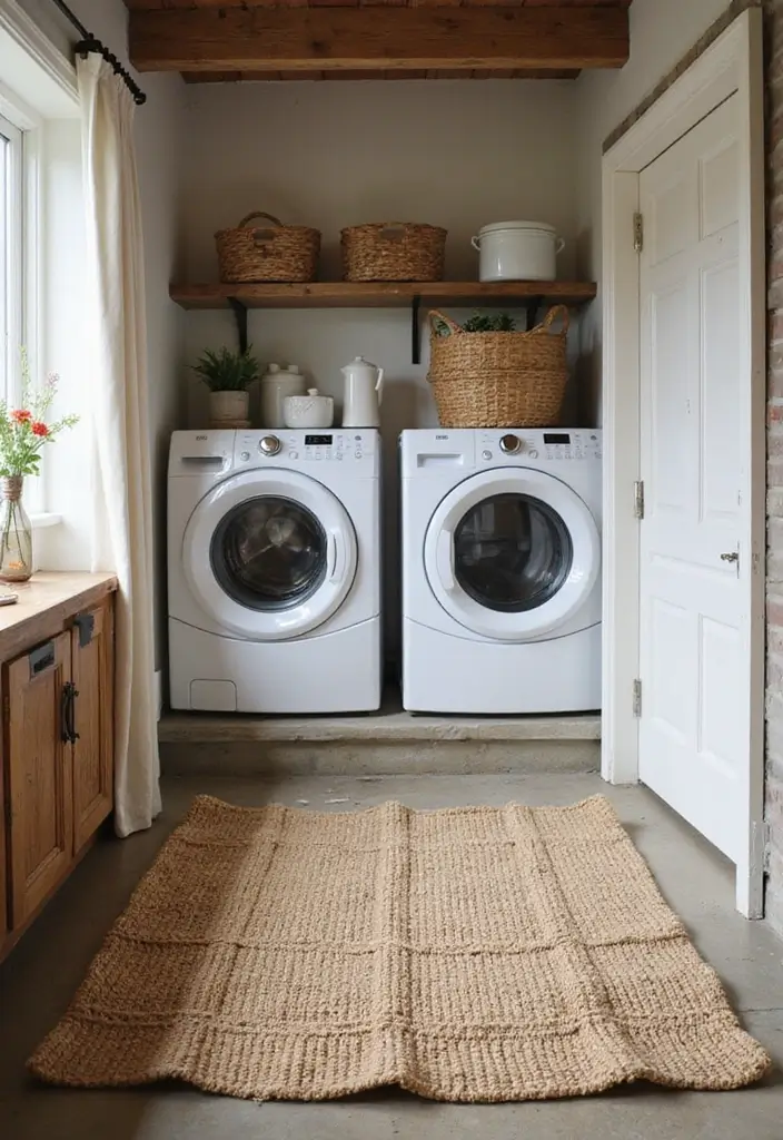 jute rug in front of washer dryer