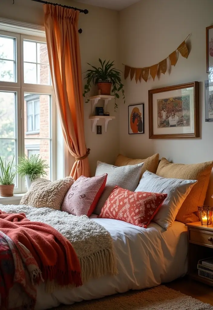 lace throw and velvet cushions on bed