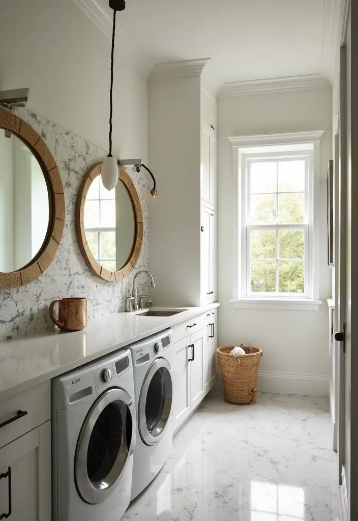 large round mirror reflecting light in small bright laundry room