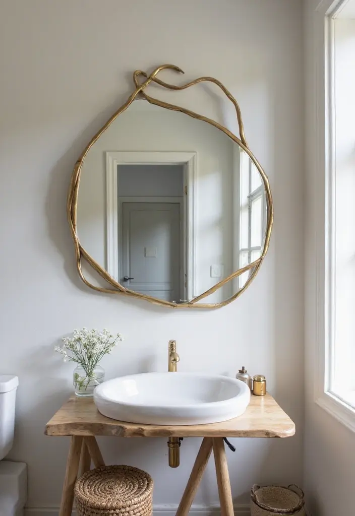 large round mirror with black frame above modern vanity