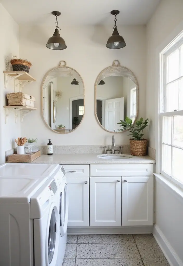 large rustic mirror reflecting light in bright farmhouse laundry room