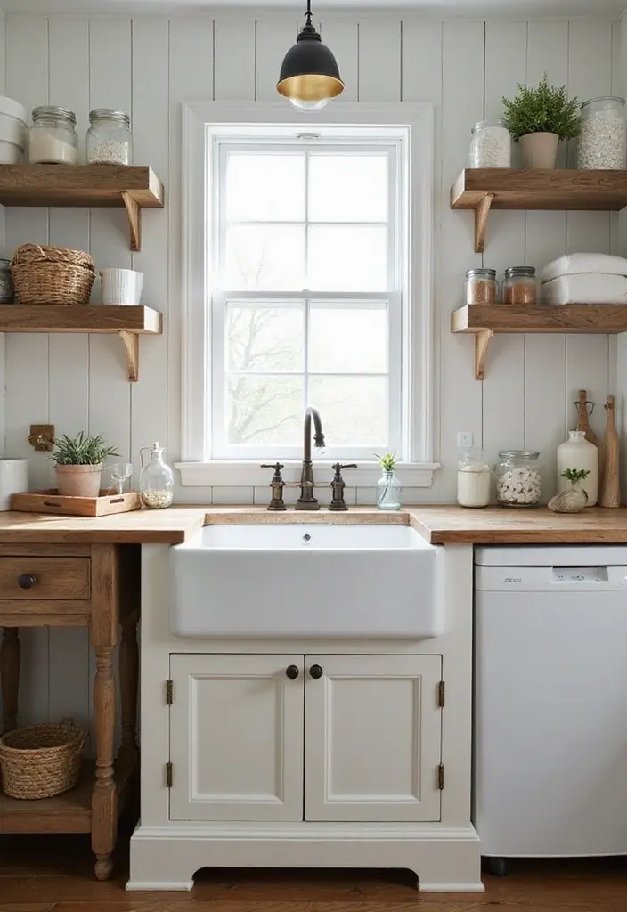 large white farmhouse apron sink in laundry room with wood countertop
