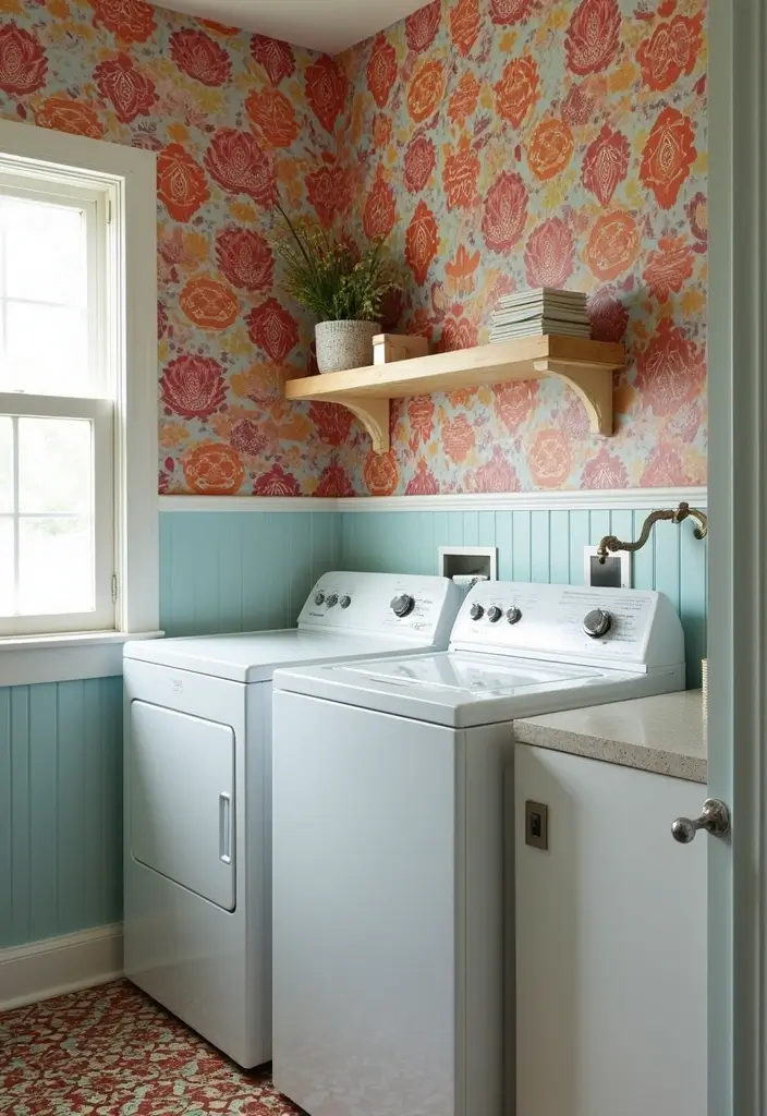 laundry room accent wall with bold floral wallpaper