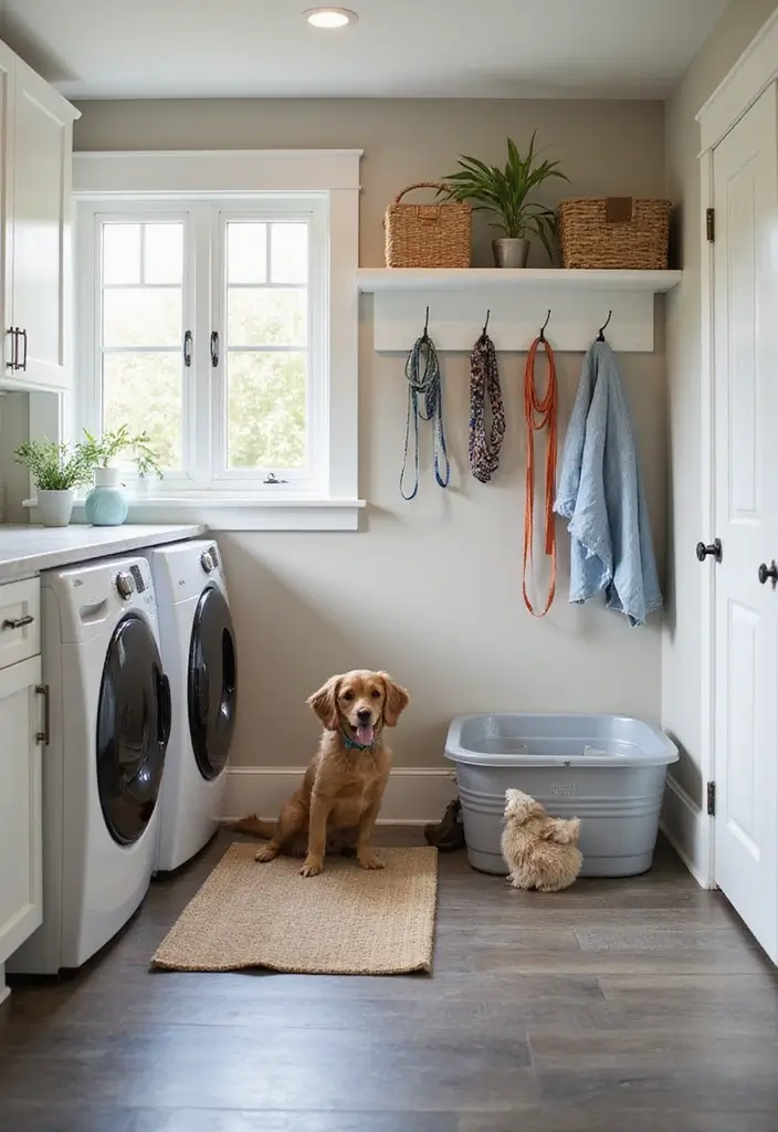 laundry room corner with low pet washing station and cozy dog bed