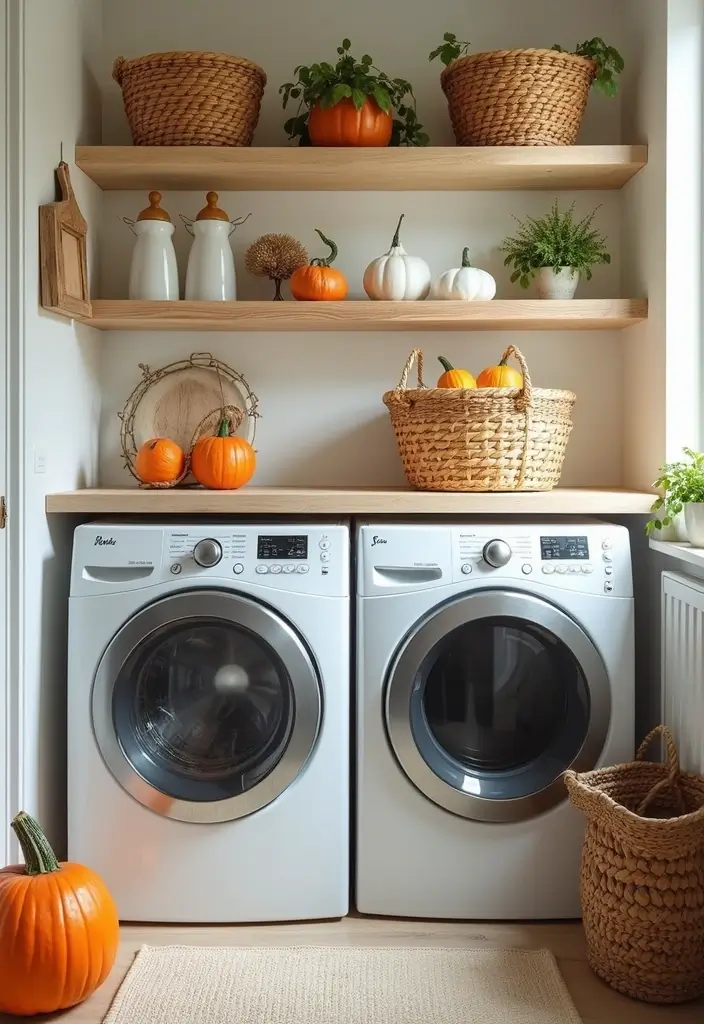 laundry room decorated with cozy fall textiles and pumpkin accents