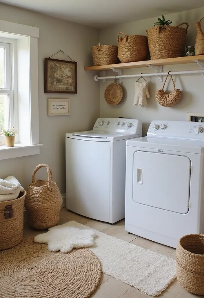 laundry room mixing wood baskets soft rug and smooth quartz counter