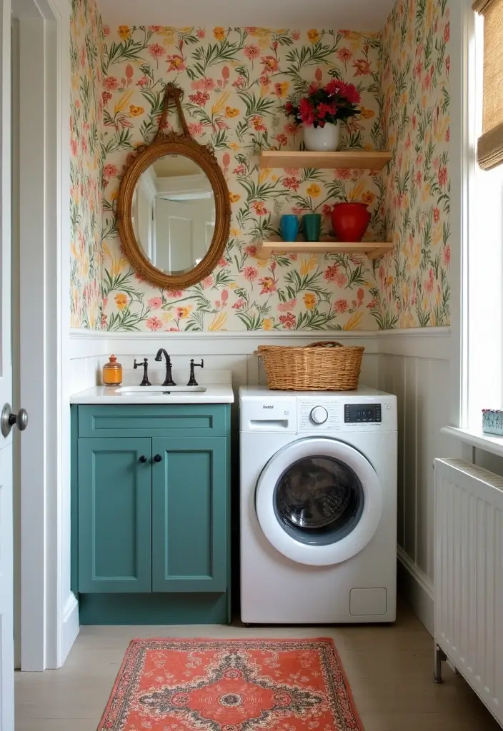 laundry wall with light pattern wallpaper