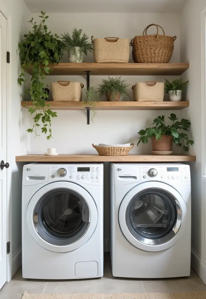 light wood open shelves with woven baskets above washer and dryer