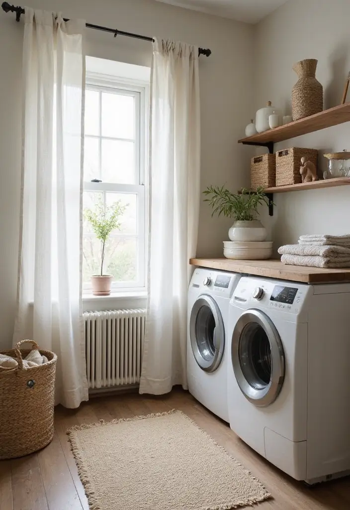 linen curtains and cotton laundry bags in soft neutral farmhouse laundry room