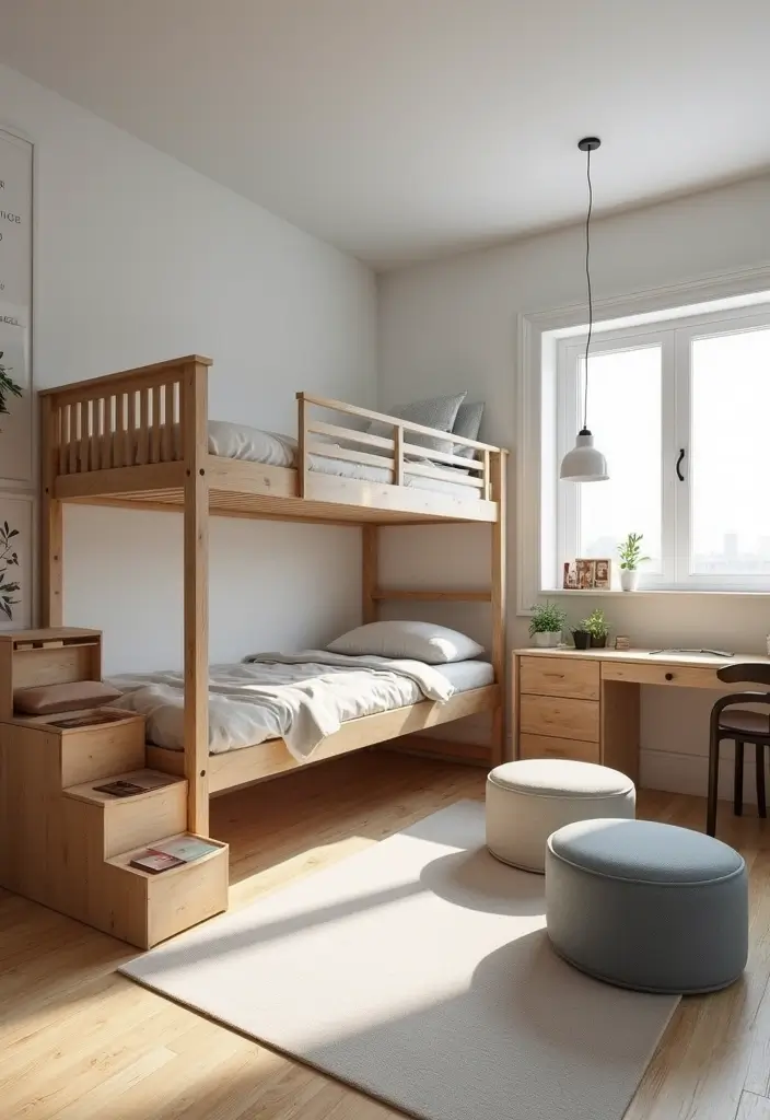 lofted bed with desk underneath and storage ottoman at foot