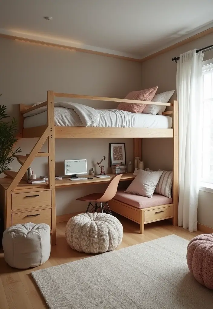 lofted bed with storage drawers and ottoman in small space