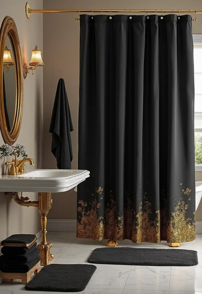 luxurious black and gold shower curtain decor
