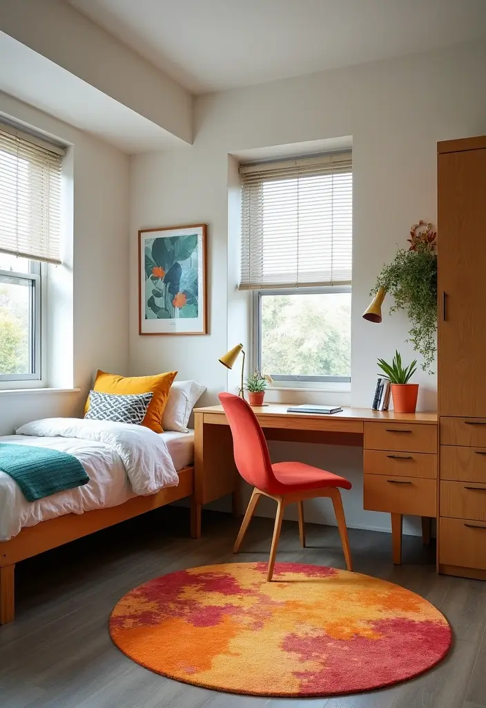 mid-century modern armchair slim desk and compact table in dorm room