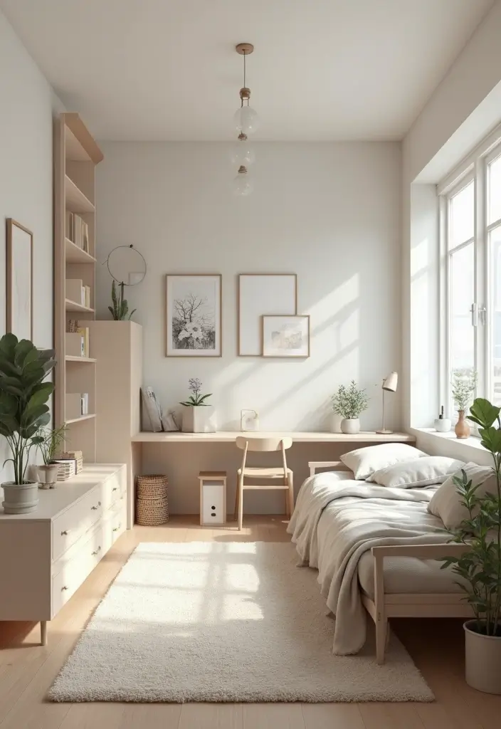 minimalist clean dorm room setup