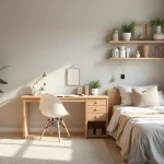 minimalist dorm room with clean desk, bed, and open floor space