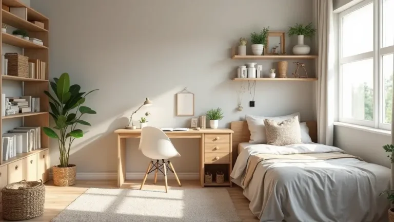 minimalist dorm room with clean desk, bed, and open floor space