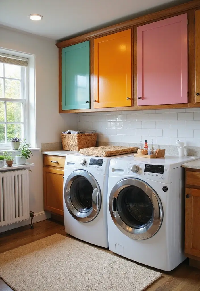 mint green lower cabinets with brass handles in bright laundry space