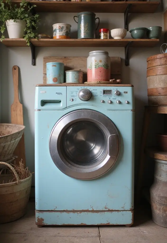 mint green vintage washer with wood counter