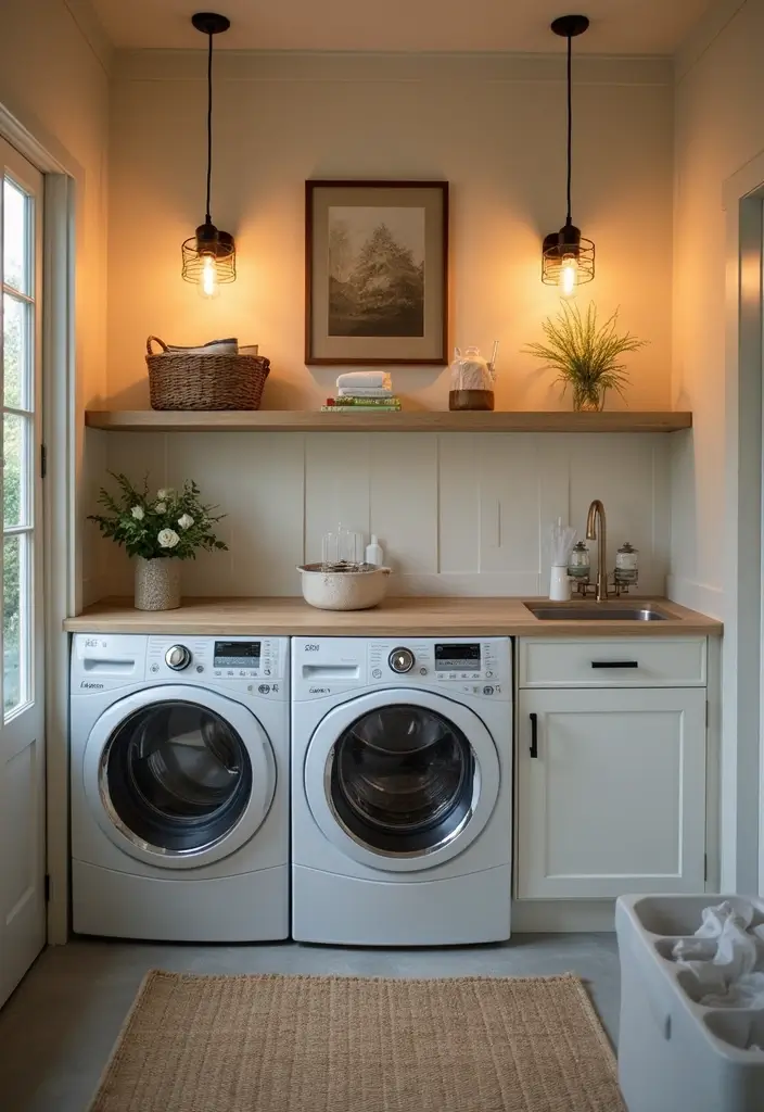 modern pendant lights and under-cabinet lighting in cozy laundry room