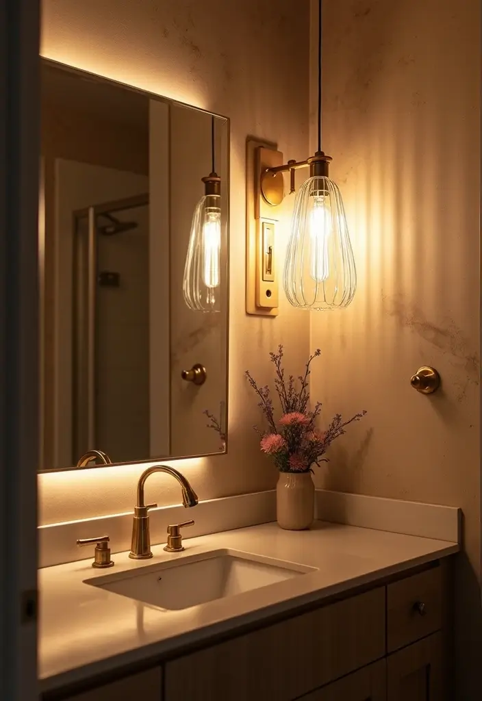 modern pendant lights hanging above bathroom vanity