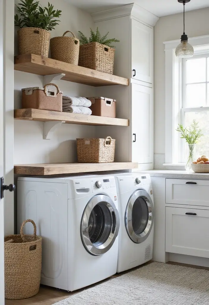 modular shelves and rolling carts with baskets in farmhouse laundry