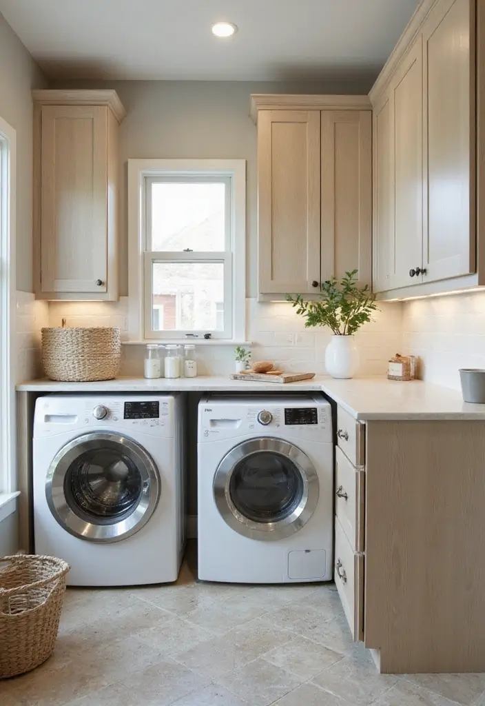natural bamboo cabinets with woven baskets in light airy laundry room
