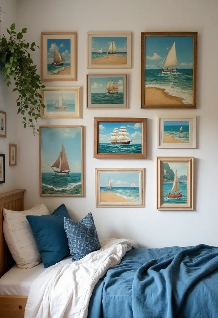 navy prints and driftwood frames on wall