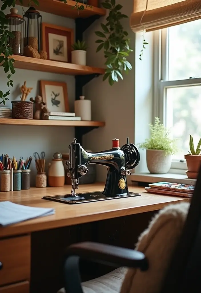 old sewing machine on shelf with thread spools