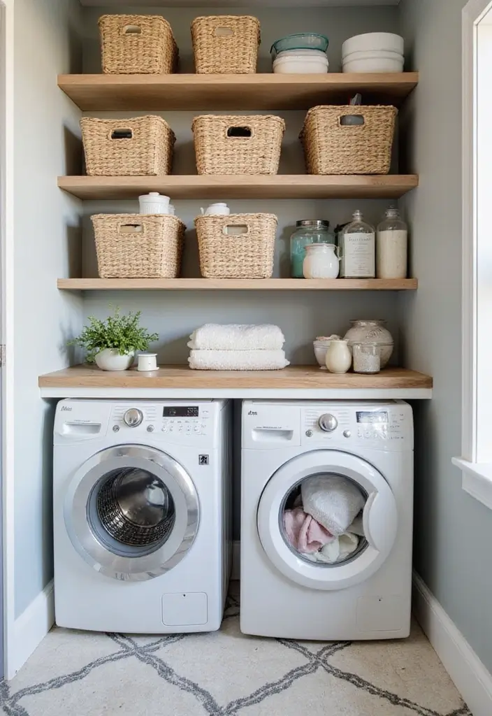 open baskets on shelf with supplies