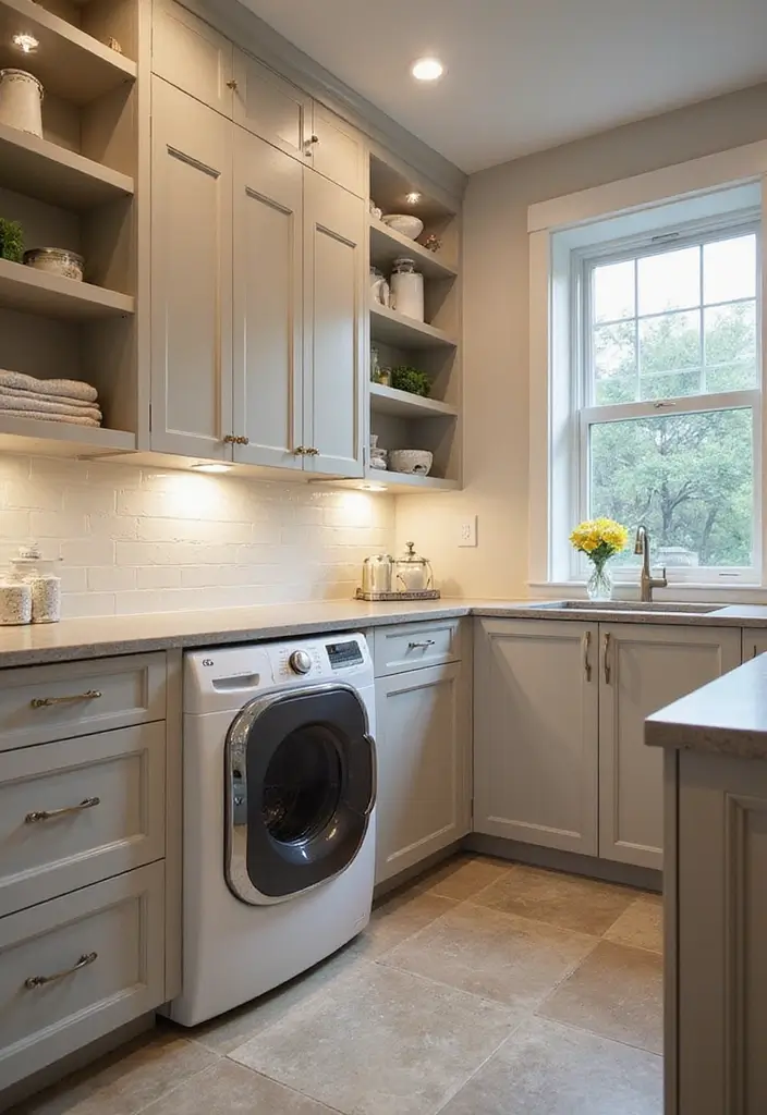open cabinets with warm led strips lighting up neatly organized shelves